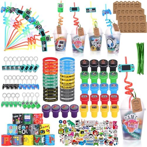 LiYiQ 292 Pcs Video Game Party Favors With Reusable Drinking Straws Cups Slap Bracelets Keychains Gift Tags Stamps Stickers and Twist Ties for Gamer Birthday Party Supplies