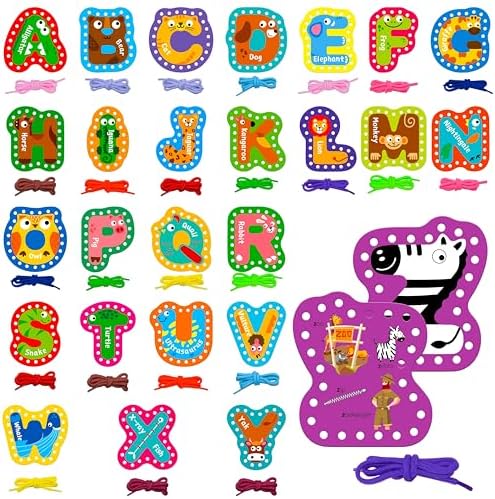 26PCS Kids Lacing Cards, 26 Double Sided Uppercase Sewing Cards with 26 Colorful Laces, Imagination Development Lacing Toys Games for Children Educational and Learning Activity