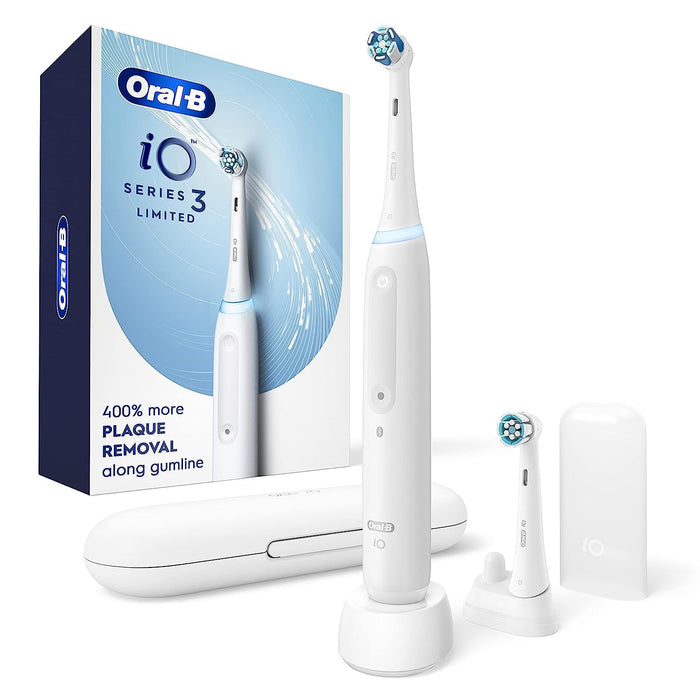 Oral-B iO Series 3 Limited Rechargeable Electric Powered Toothbrush, White with 2 Brush Heads and Travel Case - Visible Pressure Sensor to Protect Gums - 3 Modes - 2 Minute Timer