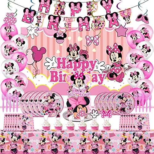 Minnie Birthday Party Supplies - Balloon Decorations, Banner, Backdrop, Cake & Cupcake Toppers, Tablecloth for Kids