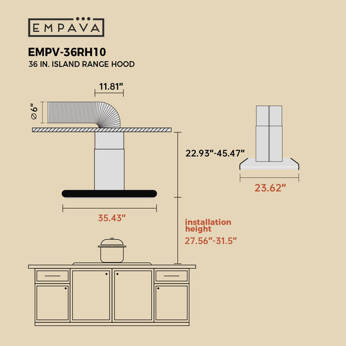 Empava 36“ Island Range Vent Hood Ceiling-Mount, 3-Speed Touch Control, Timer, Stainless Steel Baffle Filters, 4 LED Lights, Convertible Ducted to Ductless (Charcoal Filters Sold Separately)