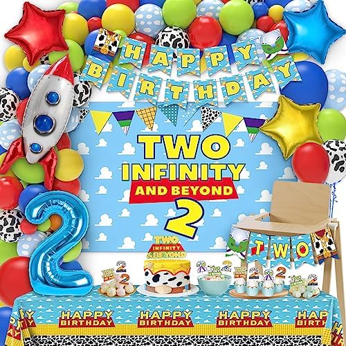 Two Infinity and Beyond Birthday Decorations Include Happy Birthday Banner Balloons Backdrop Film Balloon Cake Topper Tablecloth, 105 Pcs Toy Inspired Story 2nd Birthday Party Supplies