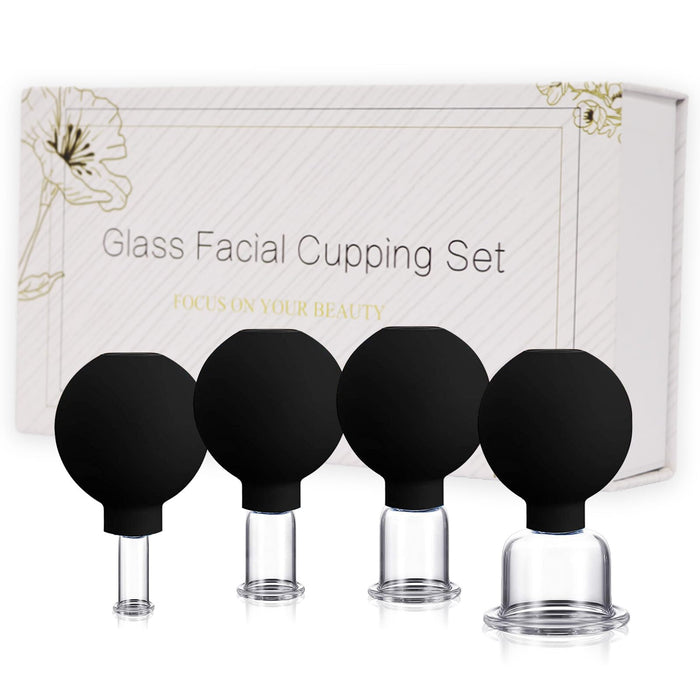 Verynewbee Glass Facial Cupping Gift Set - 4Pcs Face Cupping Therapy Sets, Silicone Vacuum Suction Cupping Cups, Anti Aging Facial Massage Cupping Tool, for Face, Neck and Whole Body (Black)