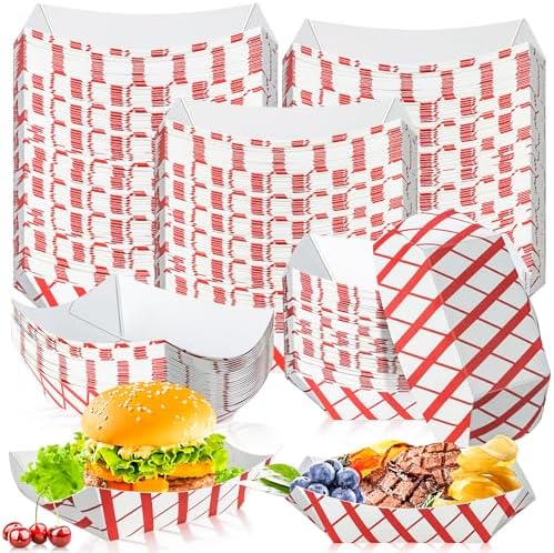 MotBach 150 Pack 1lb Checkered Paper Food Boat Trays Disposable Paper Boats, Colored Paper Food Trays Kraft Paper Food Serving Boat Tray Basket for Snacks Dessert Salad Popcorn Taco Fries Nacho