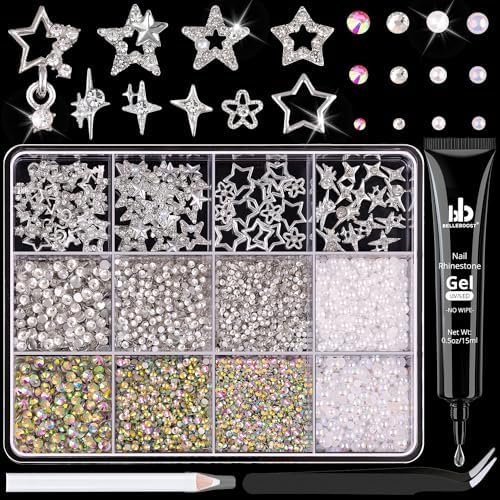 60Pcs 9 Styles 3D Pentagram Nail Charms and Flatback Gems Pearl with Rhinestones Glue Gel, Silver Shiny Luxury Star Gems, Crystal Jewels Studs for Nail Design, Nail Art Decor Set for Acrylic Nails