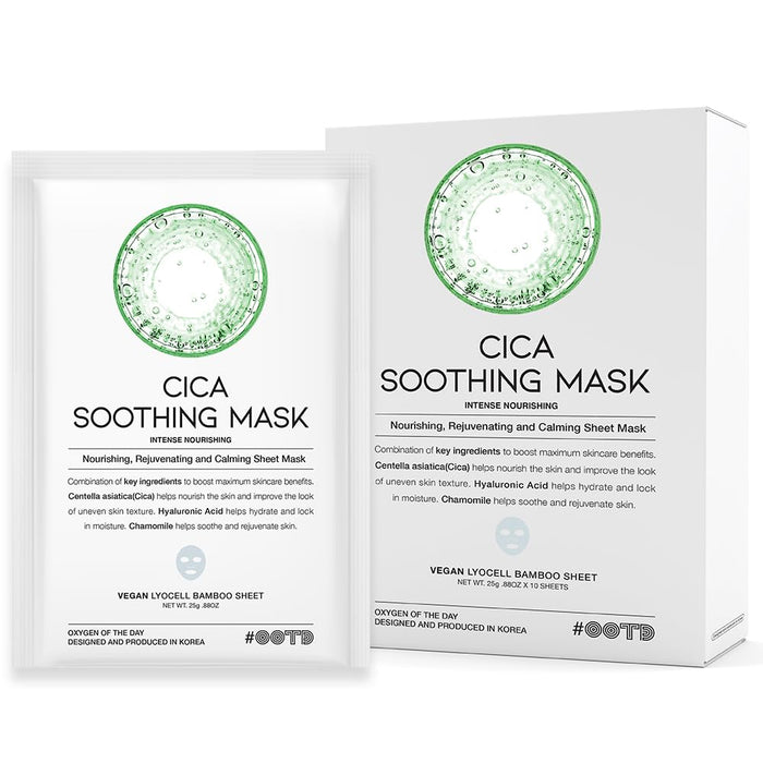 #OOTD Cica Calming Mask for Face Sensitive Irritated Skin, Soothing, Moisturizing, Korean Anti Aging Face Mask, Eve Vegan, Chamomile, Hyaluronic Acid 10EA