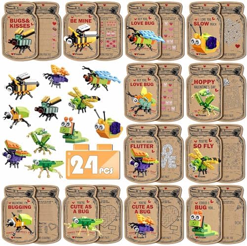 Valentines Day Cards for Kids - 24 Packs Insect Building Blocks with Valentines Day Cards, Valentines Gifts for School, Classroom Exchanges Gifts, Funny Party Favors for Kids, Boys, Girls