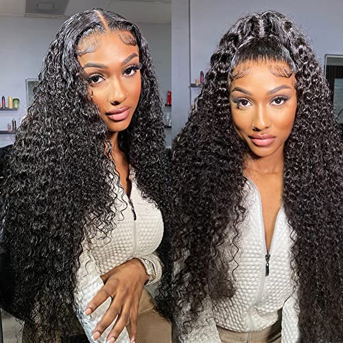 30 Inch Curly Lace Front Wig Human Hair 13x4 Lace Frontal Deep Wave Wig Pre Plucked with Baby Hair 180% Density Brazilian Virgin Wet and Wavy Human Hair Wigs for Black Women(Deep Wave Wig, 30 Inch)