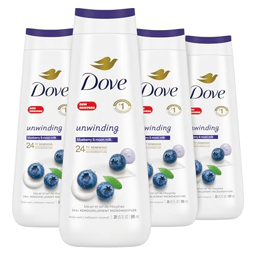 Dove Body Wash Unwinding Blueberry & Moon Milk, 4 Count for Renewed, Healthy Looking Skin, Moisturizing Gentle Skin Cleanser with 24hr Renewing MicroMoisture, 20 oz