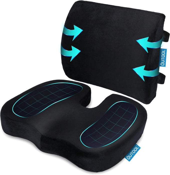 QUTOOL Orthopedic Seat Cushion and Lumbar Support Pillow for Office Chair & Car, Memory Foam with Washable Cover Ergonomic Desk Chair Cushion for Tailbone, Lower Back Pain, Sciatica Relief