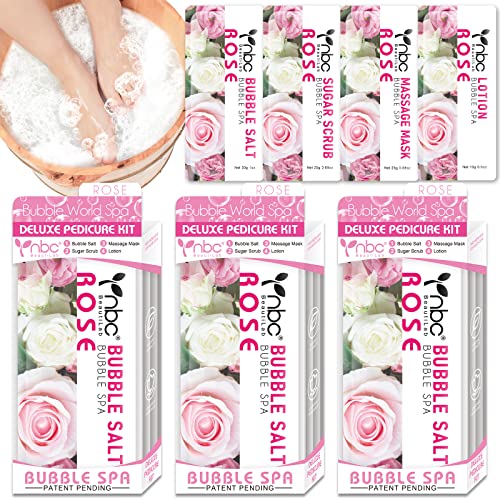nbc BeautiLab Pedicure Kit Foot Soak Set: Bubble Salt, Sugar Scrub, Massage Mask, Massage Lotion in a Box, 4 Step Foot Spa Kit for Dry Feet, Softens Calluses, Soothes Sore, Tired Feet（3 Set Rose)