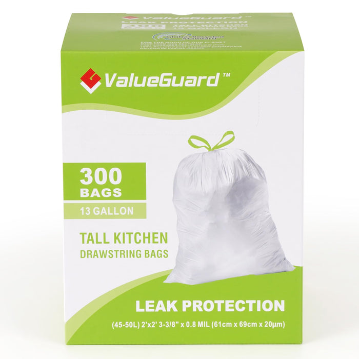 ValueGuard Large Trash Bag 13 Gallon Tall Drawstring 100% Post-Consumer Recycled Garbage Bag Waste Bag for Kitchen Office 0.8 Mil (300 Count)