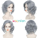 Koonfan Short Wavy Sliver Gray Grandma Wig Old Lady Wig Halloween Costume Cosplay Women Wigs