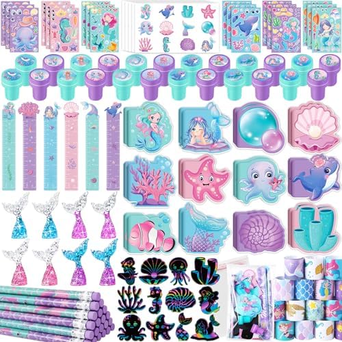 BenLouis 120Pcs Mermaid Party Favors Little Mermaid Pencils Stickers School Stationery Bulk for Kids Mermaid Birthday Decor Baby Shower Candy Goodie Bag Stuffer Classroom Rewards Pinata Supplies
