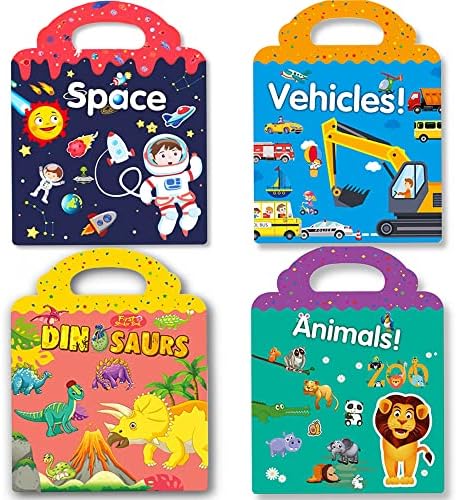 Reusable Sticker Books for Kids, 4 Sets Travel Removable Toddler Sticker Books for 3 4 5 Year Old Girls Boys - Vehicle, Space,Dinosaur & Zoo Animal