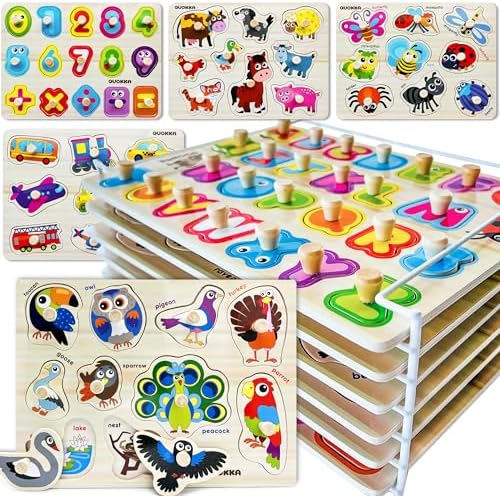 QUOKKA Wooden Puzzles for Toddlers 1-3 - 6XSET Toddler Puzzles Ages 2-4 with Rack - Learning Alphabet - Numbers - Animals Toy Puzzles for Toddlers 3-5 - Wood Games Gift for Boys and Girls