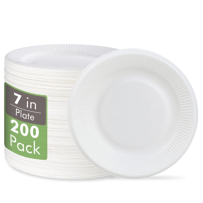 Vplus 100% Compostable Paper Plates, 200 Pack 7 Inch Disposable Paper Plates, Uncoated Biodegradable Plates Made of Sugar Cane Fibers, Perfect for Sandwich, Cake, and Snack