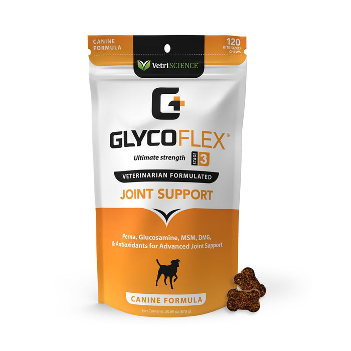 VetriScience Glycoflex 3 Clinically Proven Hip and Joint Supplement for Dogs - Maximum Strength Dog Supplement with Glucosamine, MSM, Green Lipped Mussel & DMG - 120 Chews, Chicken Flavor