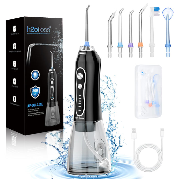 H2ofloss Water Dental Flosser Teeth Pick -Portable Oral Irrigator with 5 Modes, Rechargeable IPX7 Waterproof Orthodontic Teeth Cleaner Pick Cordless for Home Travel-300ml Water Tank