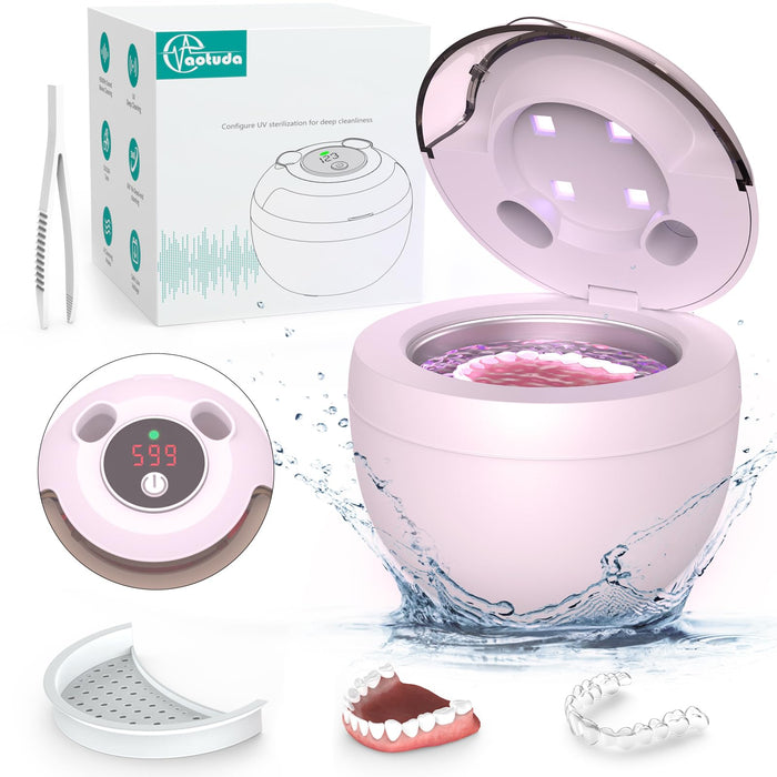 Aotuda 45kHz Ultrasonic Retainer Cleaner Machine, 200ML Denture Cleaner, 4 Modes with Digital Timer Mouth Guard Cleaner for Aligner, Night Guard, Braces, Toothbrush, Jewelry and More (Pink)