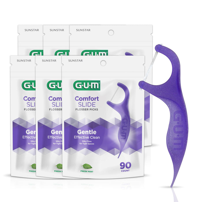 GUM Comfort Slide Floss Picks - Perfect for Tight Teeth - Extra Strong Shred-Resistant Dental Floss, Easy Grip Handle - Dental Flossers for Adults - Fresh Mint Flavor, 90 ct (6pk)