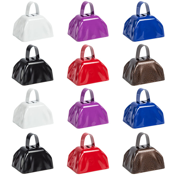 12-Pack Cowbells Noise Maker Decorative Cow Bells Christmas Bell Cowbells with Handle Call Bell Alarm (3 x 2.8 In, 6 Colors)