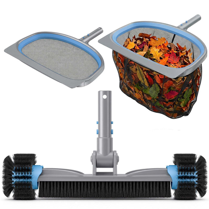 UIRWAY 3-in-1 Deluxe Swimming Pool Cleaning Kit - Includes Pool Brush with Detachable Side Round Ends, Deep Leaf Skimmer Net & Flat Fine Mesh Net for Inground & Above Ground Pools Cleaning(No Pole)