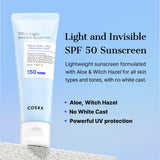 COSRX Ultra-Light Invisible Sunscreen | SPF50 PA++++, No White Cast, Lightweight & Fast-Absorbing, UV Protection, Hydration boost sunscreen for Sun-Damaged, dry skin.Korean Skincare