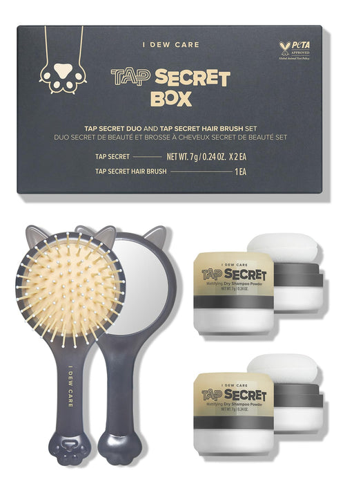 I DEW CARE - Dry Shampoo and Hair Brush Set - Tap Secret Box | Fuller Looking Hair, Non-aerosol, Benzene-free, Detangling Hair Brush, Mirror, For Women, Men, Teens