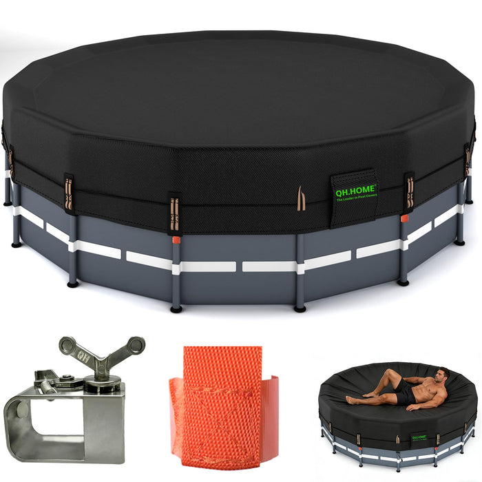 QH.HOME 550D 15 ft Pool Cover Round[Upgraded Tear Resistant & Quadruple Windproof] wth Pre-Installed Patented Winch and Rope, Pool Covers for Above Ground Pools-Snug Fit & Waterproof Protection