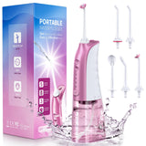 Demita Cordless Water Flosser for Teeth, 300ML 3 Modes 5 Jet Tips Portable Electric Flosser Pick for Adults, IPX7 Waterproof Oral Irrigator Dental Flosser Cleaning Kit for, Gums, Braces Care (Pink)