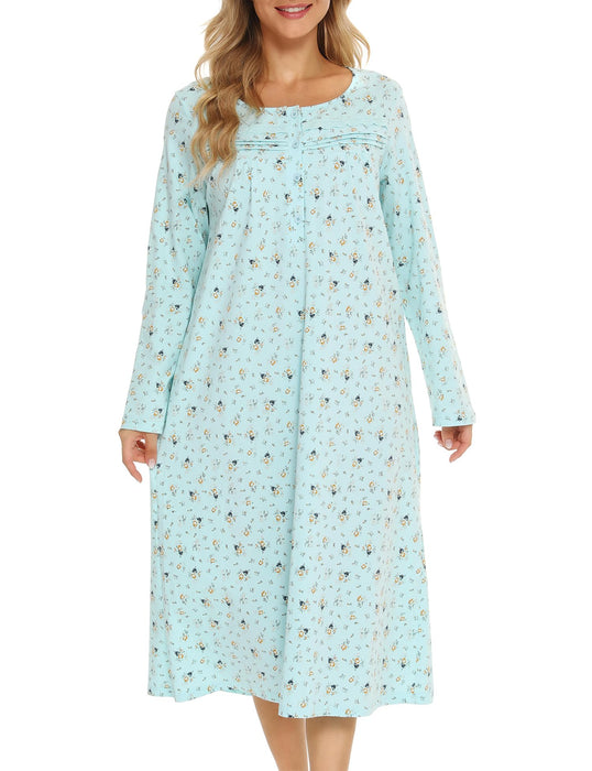 Bloggerlove Long Sleeve Nightgowns for Women Crew Neck Nightgown Comfy Button Up House Coat Sleepwear Elegant Mumu Dresses for Elderly Grandma Dress