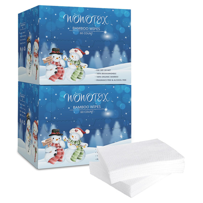 WOWOTEX Christmas Style Disposable Face Towel Biodegradable Large Dry Face Wipes 120 Count/2 Box Extra Thick Soft Clean Facial Towels for Sensitive Skin, Facial Cleansing, Nursing, 10"×12"