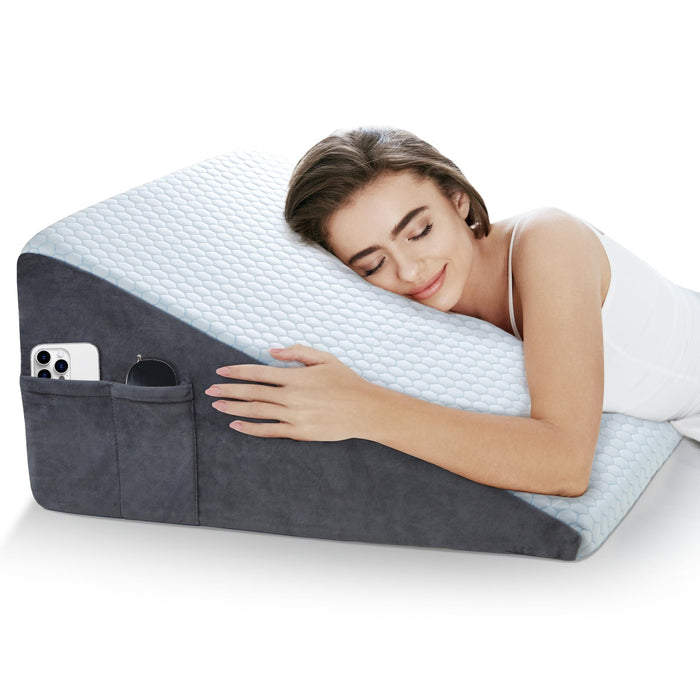 puredown® 12" Bed Wedge Pillow, Cooling Gel Memory Foam for Nighttime Acid Reflux, Lumbar & Back Support, Leg Elevation Therapy, Snore Reduction Aid, Triangular Wedge Design, Detachable Washable Cover