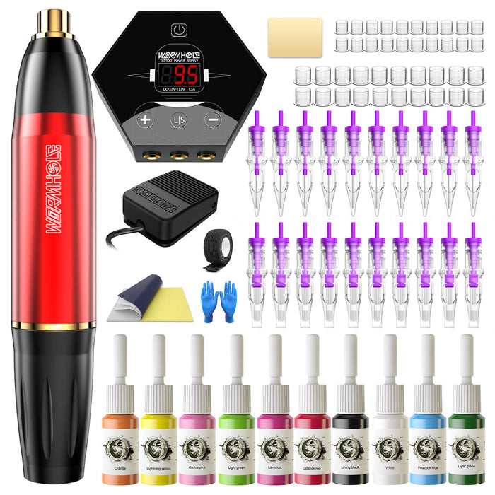 Wormhole Tattoo Pen Kit - Rotary Tattoo Machine Pen for Beginners 20pcs Tattoo Cartridges Needles 10 Tattoo Ink Professional Complete Tattoo Kit TK001