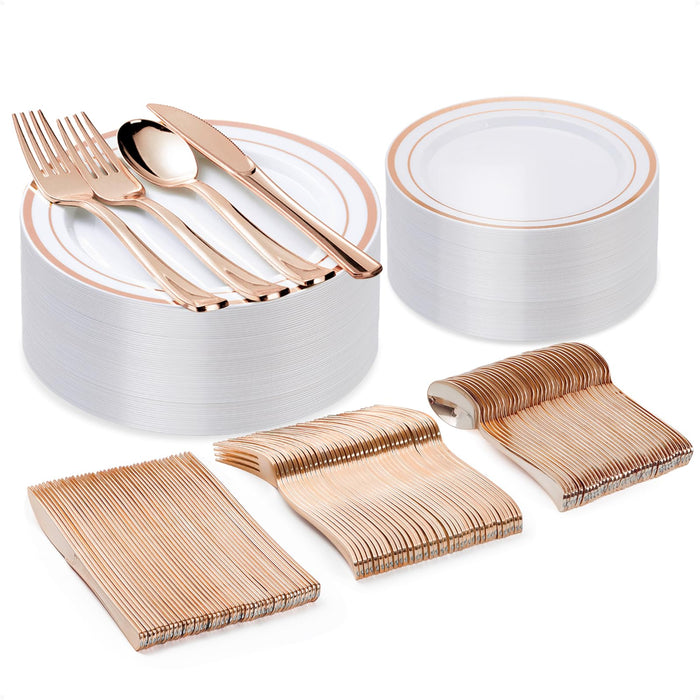 BESTVIP 150PCS Rose Gold Plastic Plate Set (25 Guests), Plastic Plates for Party Wedding Birthday, Disposable Dinnerware Set of 50 Plastic Plates, 50 Forks, 25 Spoons, 25 Knives