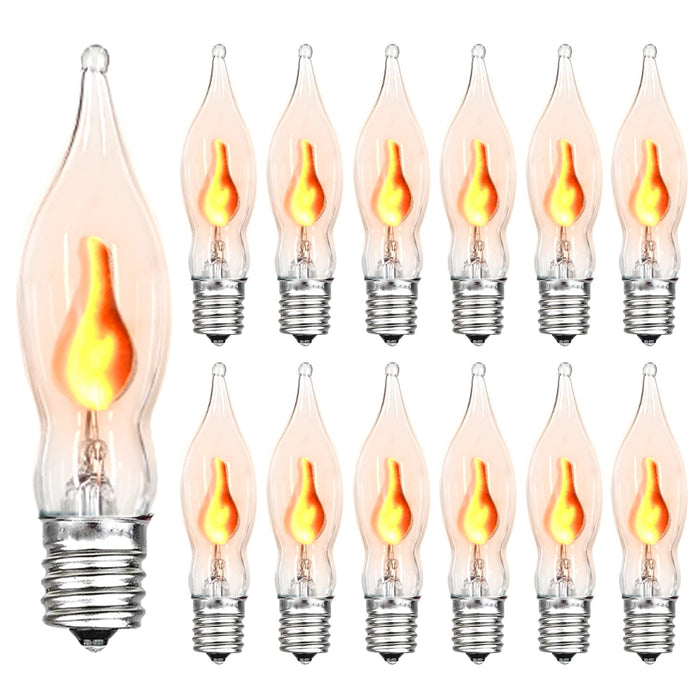 SOTOPOO 12 Count Halloween Flickering Flame Lights Bulbs, C7 Flame Bulbs / E12 Flickering Flame Bulb - Clear Flame Shaped, Christmas Halloween Candle Light Bulbs, C7 String Light Bulbs Replacement