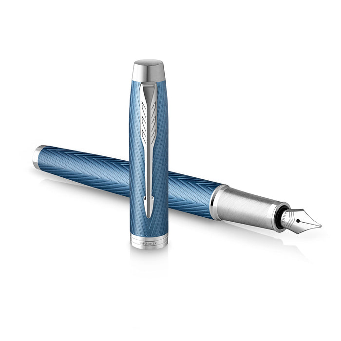 PARKER IM Fountain Pen | Premium Blue Grey with Chrome Trim | Medium Point with Blue Ink Cartridge | Gift Box