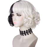 morvally Black and White Wig with Necklace for Women Girls Halloween Party Short Curly Bob Synthetic wigs with bangs for Costume Cosplay Events including Choker