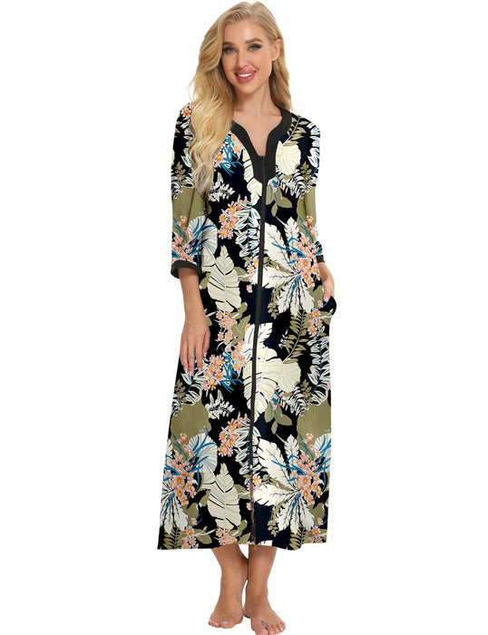 Bloggerlove House Dresses for Elderly Mumu Dresses Women Leopard House Dress V Neck Nightgown Robe Half Sleeve Loungewear Full Length Sleepwear Zipper Duster Housecoat