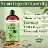 Natural Riches Organic Castor Oil Cold pressed USDA certified for Dry Skin Hair Loss Dandruff Thicker Hair - Moisturizes heals Scalp Skin Hair growth Thicker Eyelashes & Eyebrows 32 fl. oz.