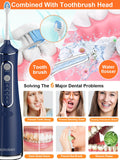 Cordless Water Flosser Teeth Cleaner, Dental Oral Irrigator Cleaning Cordless with Toothbrush, Tongue Scraper Travel Bag Waterproof 5 Jet Tips for Home Travel, (Dark Blue)