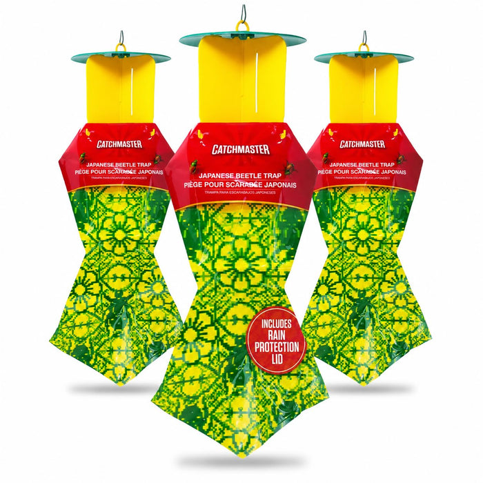 Catchmaster Japanese Beetle Traps w/Rain-Proof Cap 3-Pack & Dual Lure, Beetle Bag Trap, Hanging Beetle Catcher, Pest Control for Backyard & Garden, Plants, Trees, Vegetables & Flowers