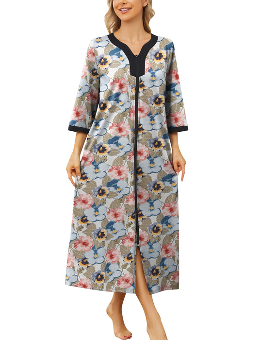 Bloggerlove House Dresses for Elderly Mumu Dresses Women Leopard House Dress V Neck Nightgown Robe Half Sleeve Loungewear Full Length Sleepwear Zipper Duster Housecoat