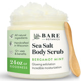 Bare Botanics Bergamot Mint Body Scrub 24oz | Made in Madison, WI | All Natural Sea Salt Exfoliator w/ Skin Loving Moisturizers | Vegan & Cruelty Free | Gift Ready Packaging w/ a Cute Wooden Spoon