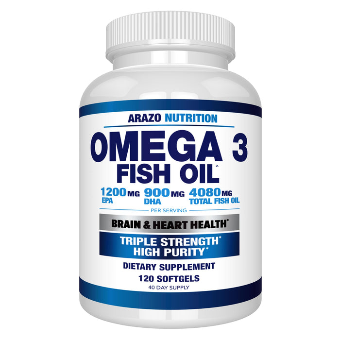 Arazo Nutrition Wild Caught Omega 3 Fish Oil – 120 Soft Gels – 4,080mg High EPA 1200mg DHA 900mg Lemon Flavor Burpless Softgels