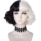 morvally Black and White Wig with Necklace for Women Girls Halloween Party Short Curly Bob Synthetic wigs with bangs for Costume Cosplay Events including Choker