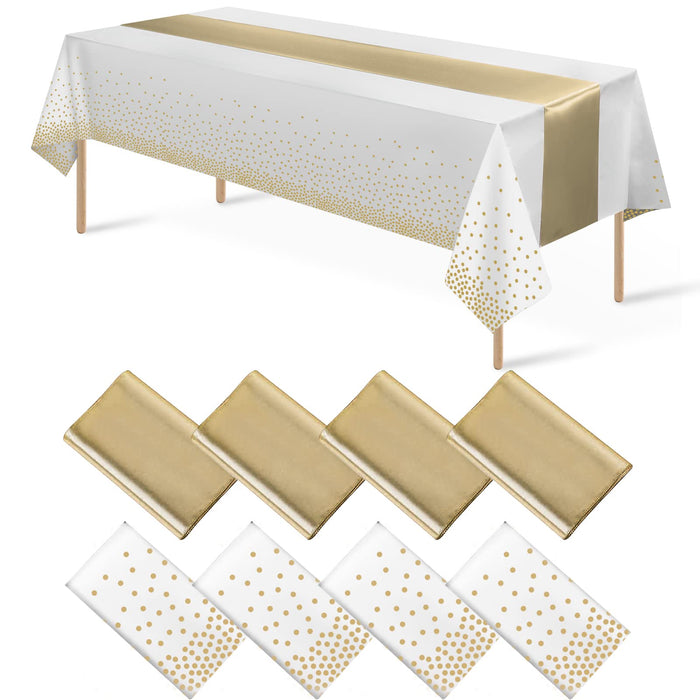 8Pack Disposable Plastic Tablecloths and Satin Table Runner Set White and Gold Dot Tablecloth Gold Satin Table Runner for Wedding Birthday Baby Shower Anniversary Christmas New Year Party Decorations