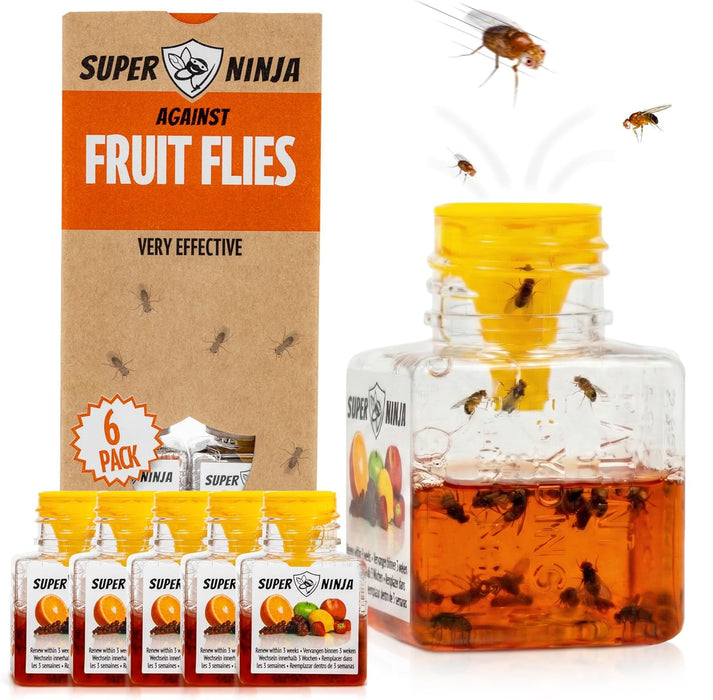 Super Ninja Fruit Fly Traps for Indoors - 6 Pack, Highly Effective Fruit Fly Catcher for Indoor Use for Home & Kitchen, Up to 3 Weeks of Performance per Bottle, Kid & Pet Friendly