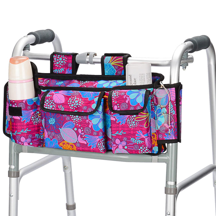 supregear Walker Bag, Folding Walker Basket Organizer Pouch Tote with Multiple Pockets and Zippered Compartment for Walker Rollator Scooters Wheelchair, Hook & Loop Design Storage Bag (Purple Floral)